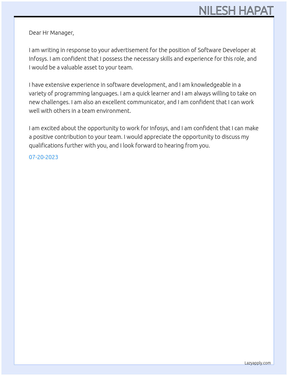 Software devloper At Infosys Cover Letter