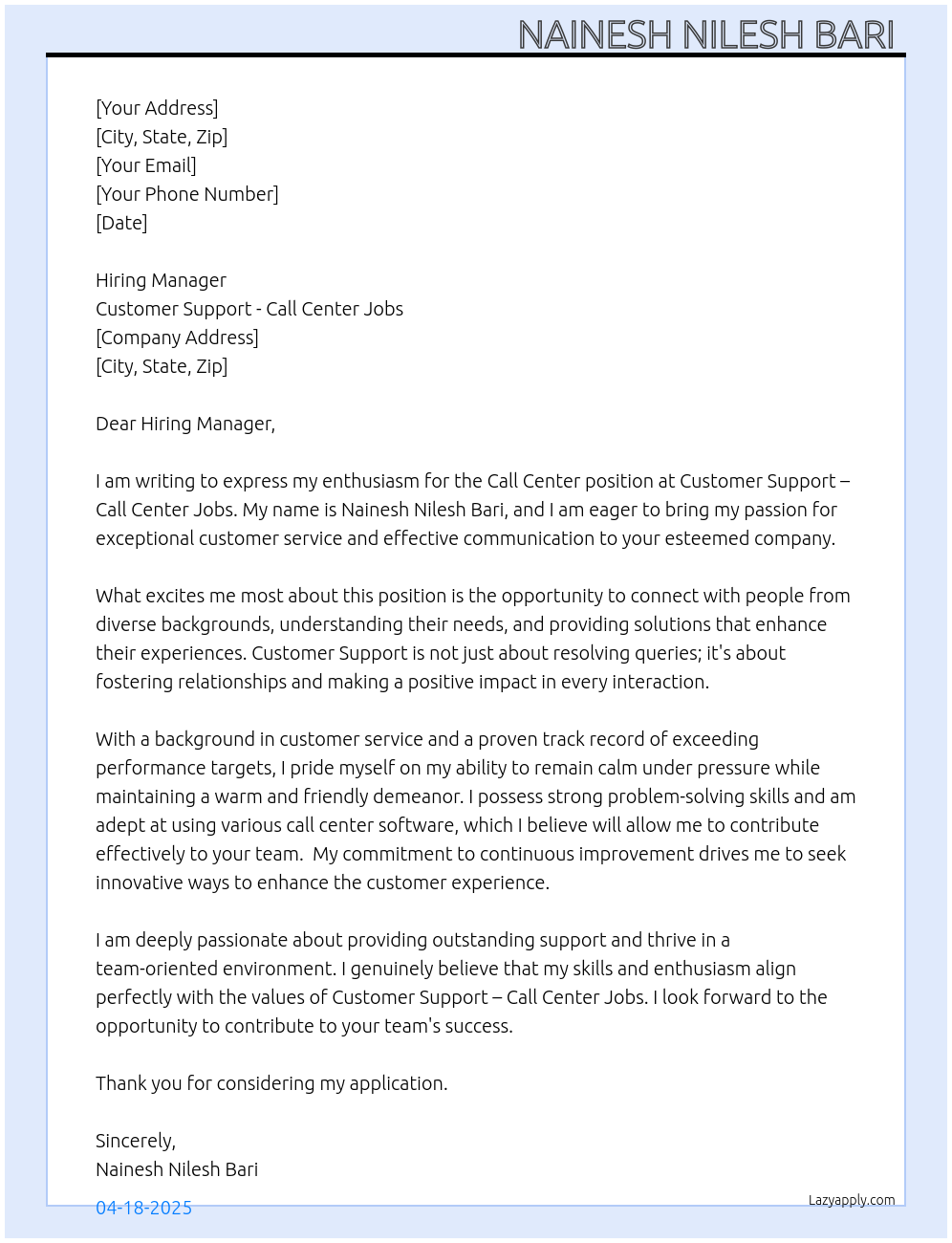 Call centre At Customer Support - Call Center jobs Cover Letter