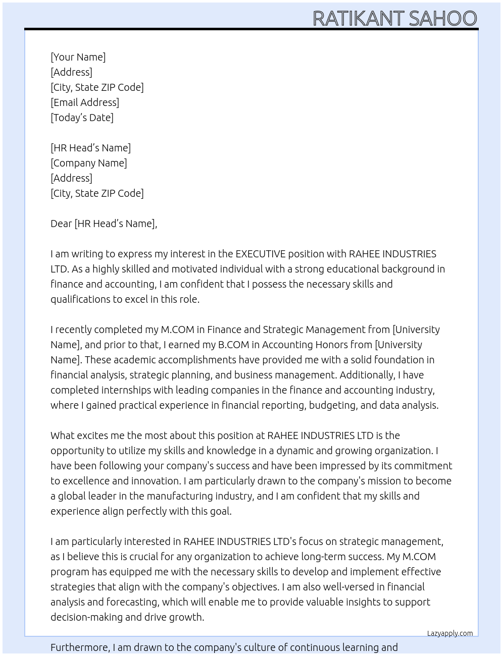 EXECUTIVE At RAHEE INDUSTRIES LTD Cover Letter