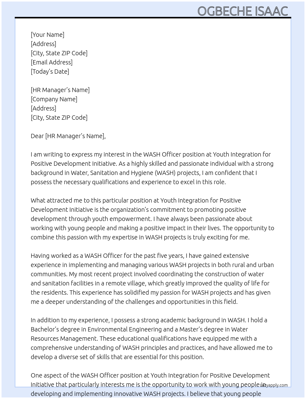 WASH officer At Youth integration for positive development initiative Cover Letter