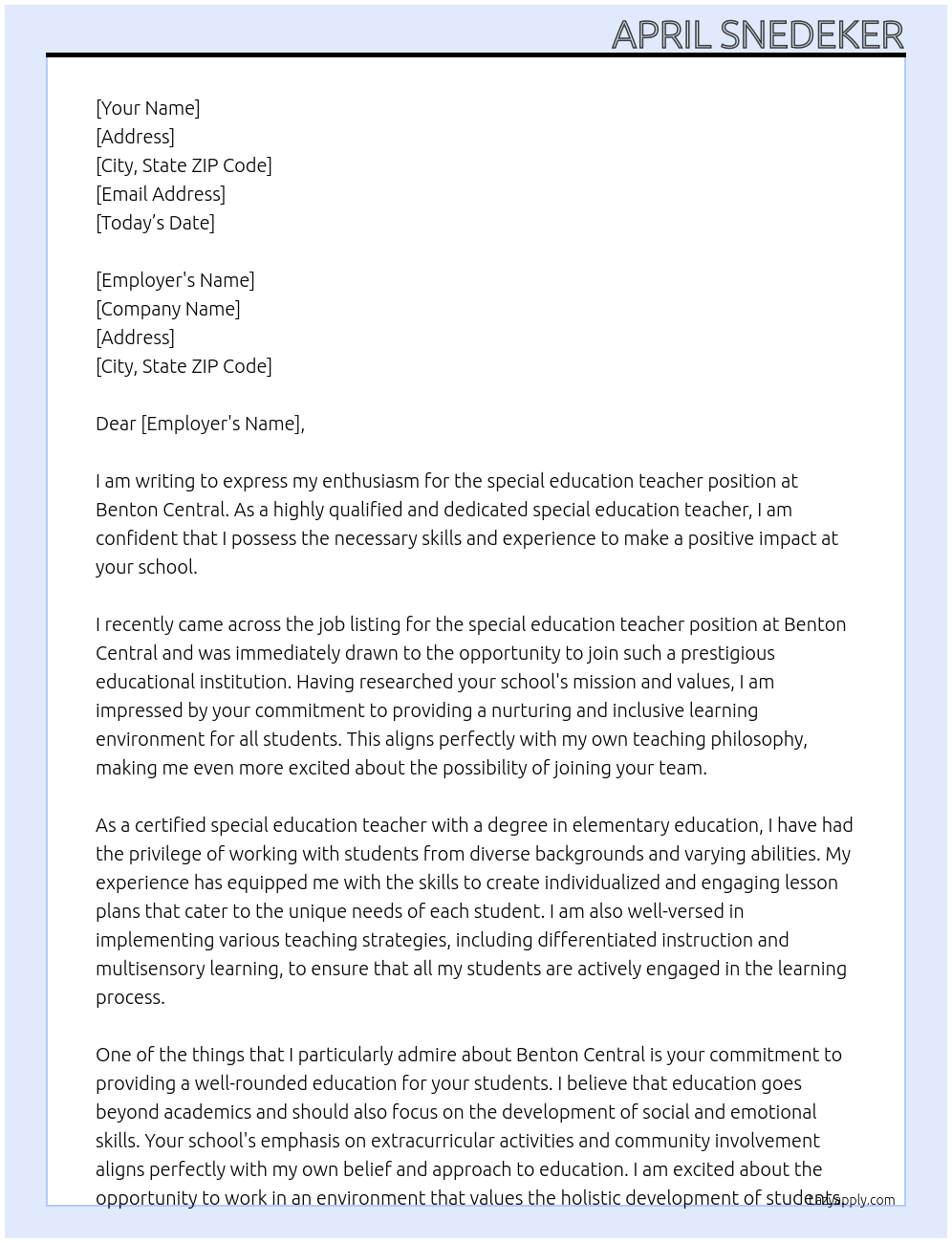 special education teacher At Benton Central Cover Letter