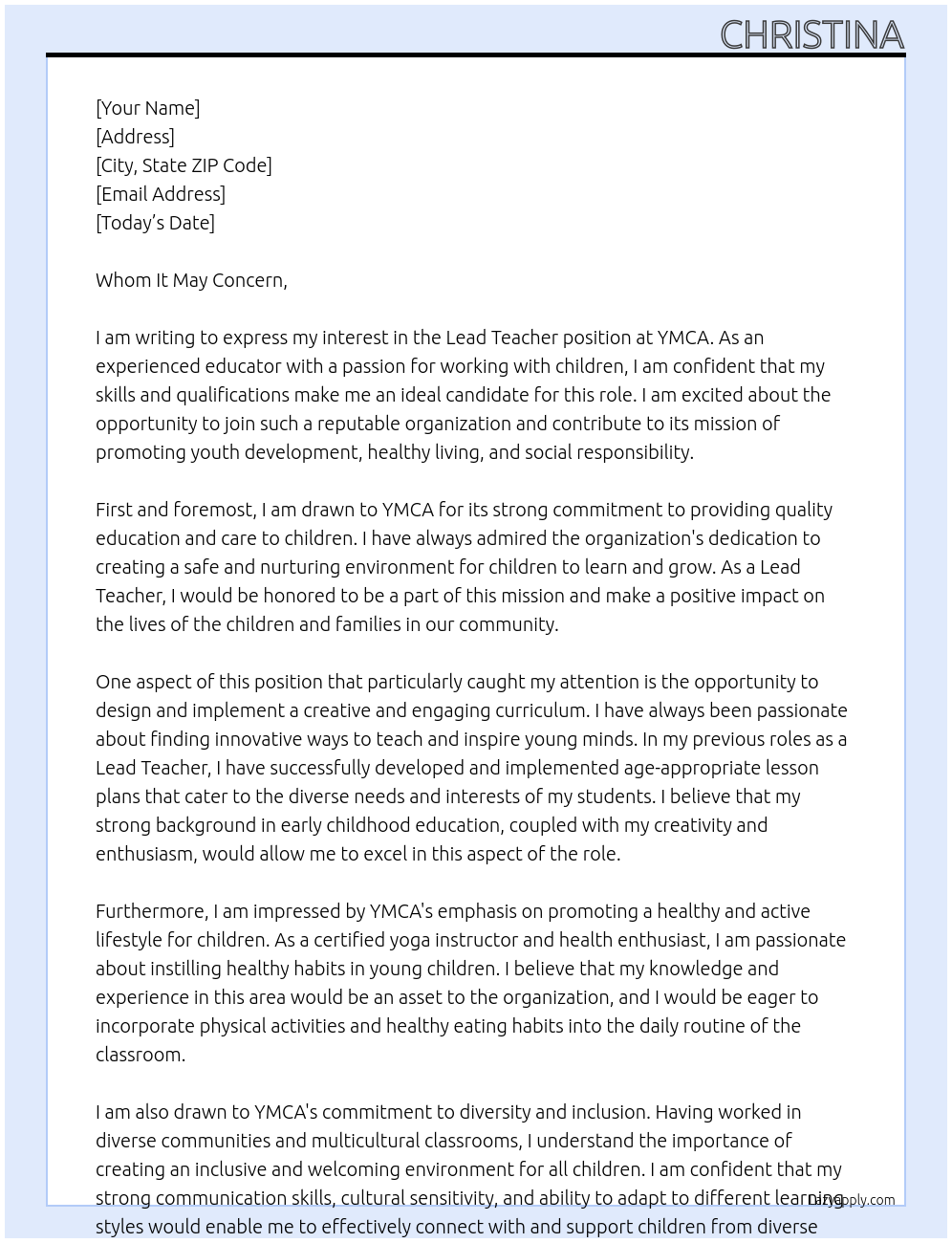 Lead Teacher At YMCA Cover Letter