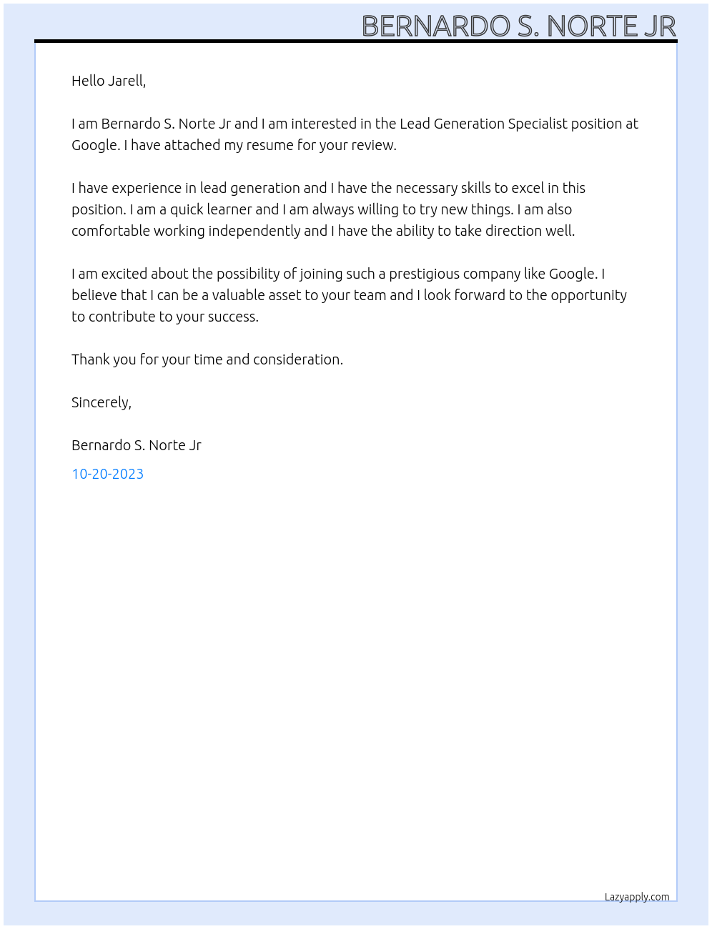 Lead Generation Specialist At google.com Cover Letter