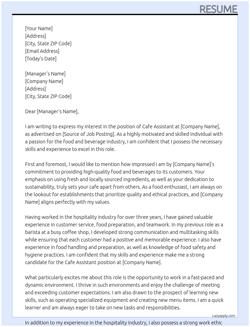 Cafe Assistant At Resume Cover Letter