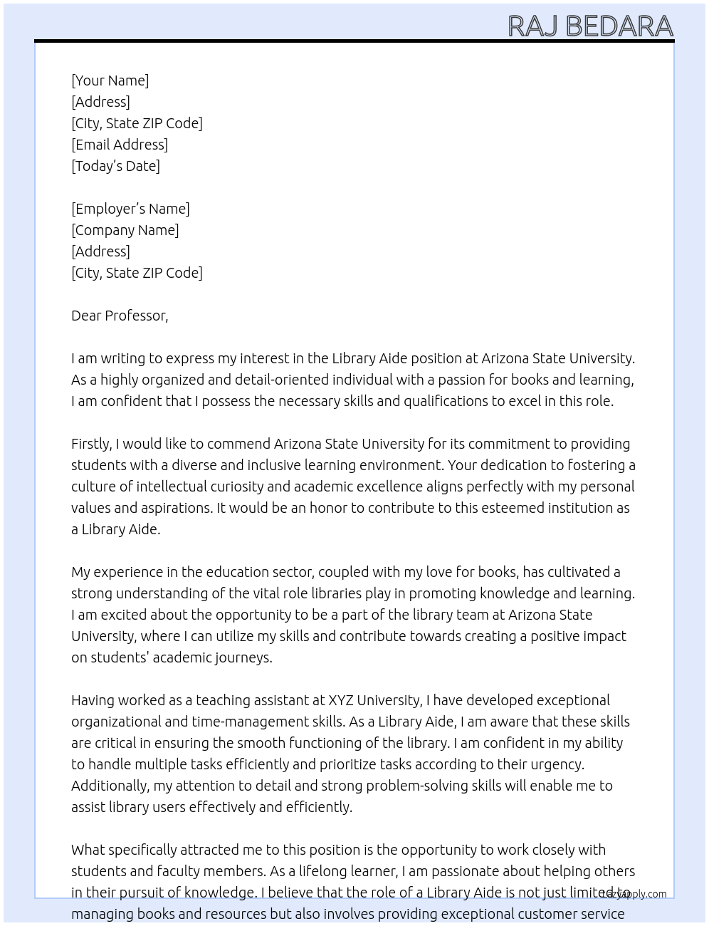 library aide At Arizona State University Cover Letter