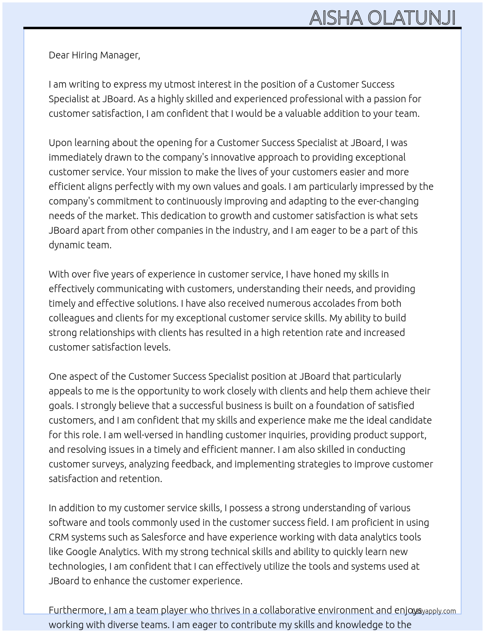 Customer success specialist At JBoard Cover Letter