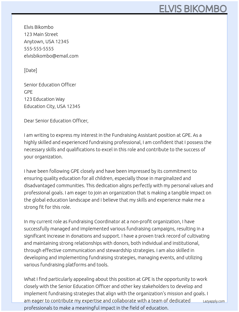 Fundraising Assistant At GPE Cover Letter