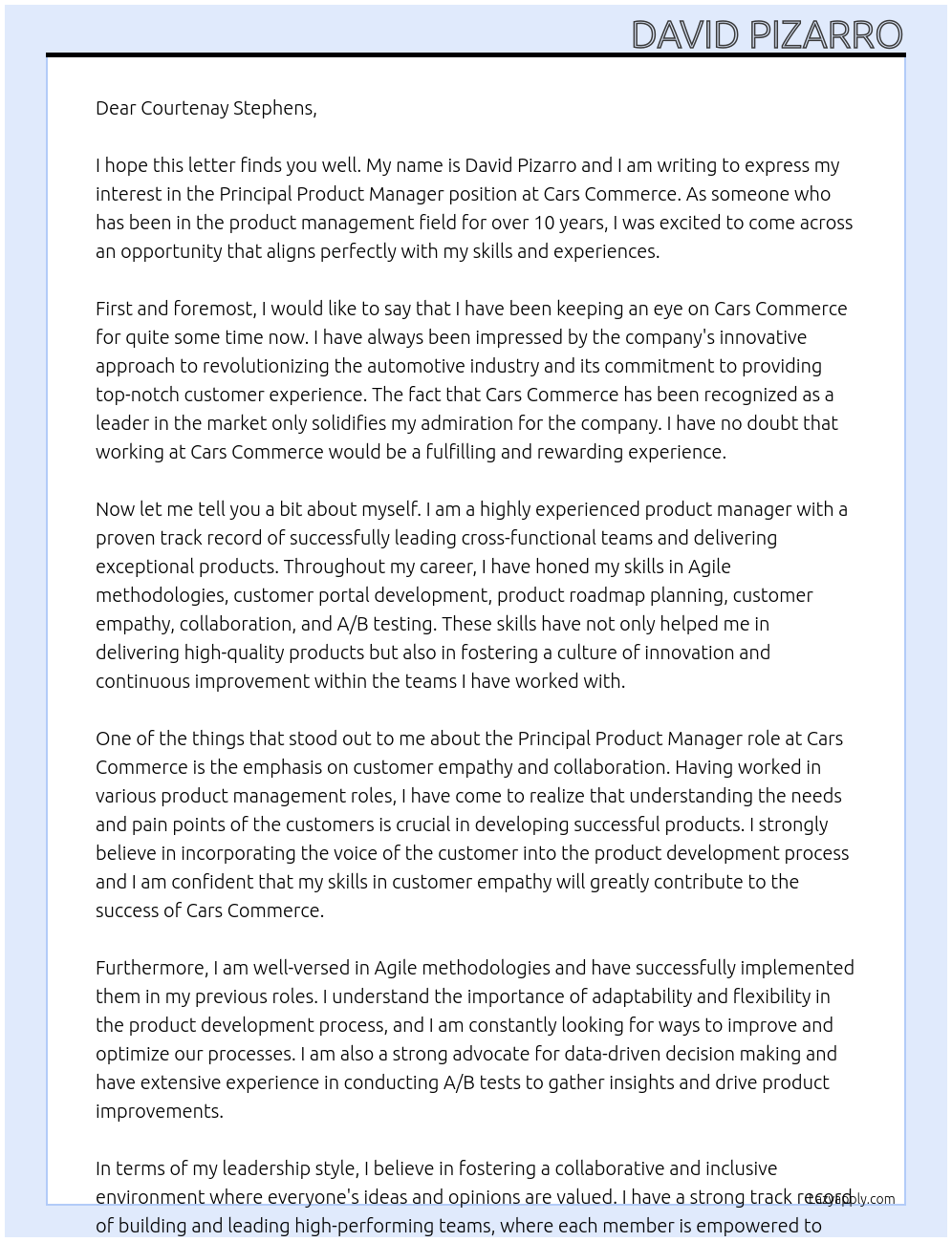 Principal Product Manager At Cars Commerce Cover Letter
