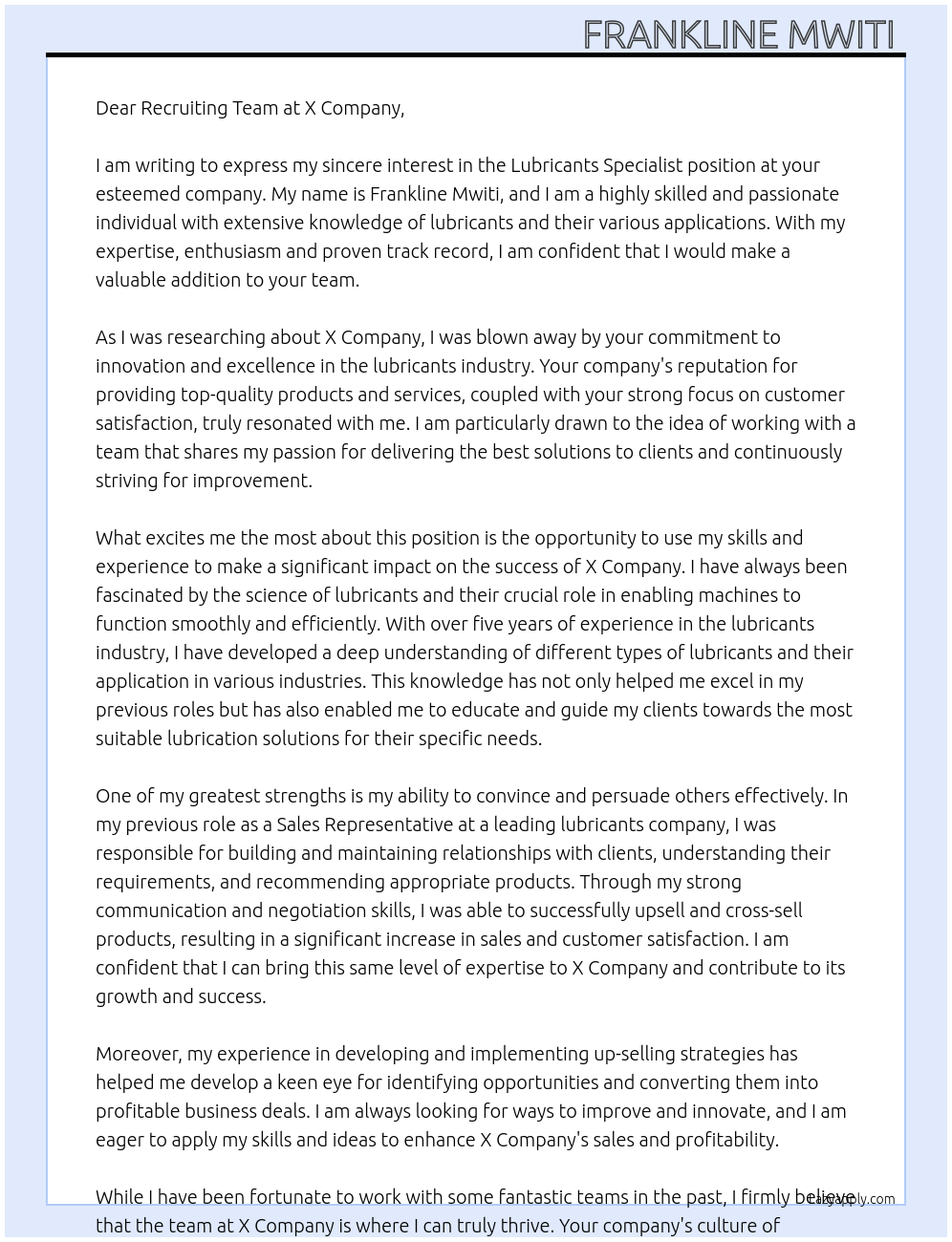 Lubricants specialist At X company Cover Letter