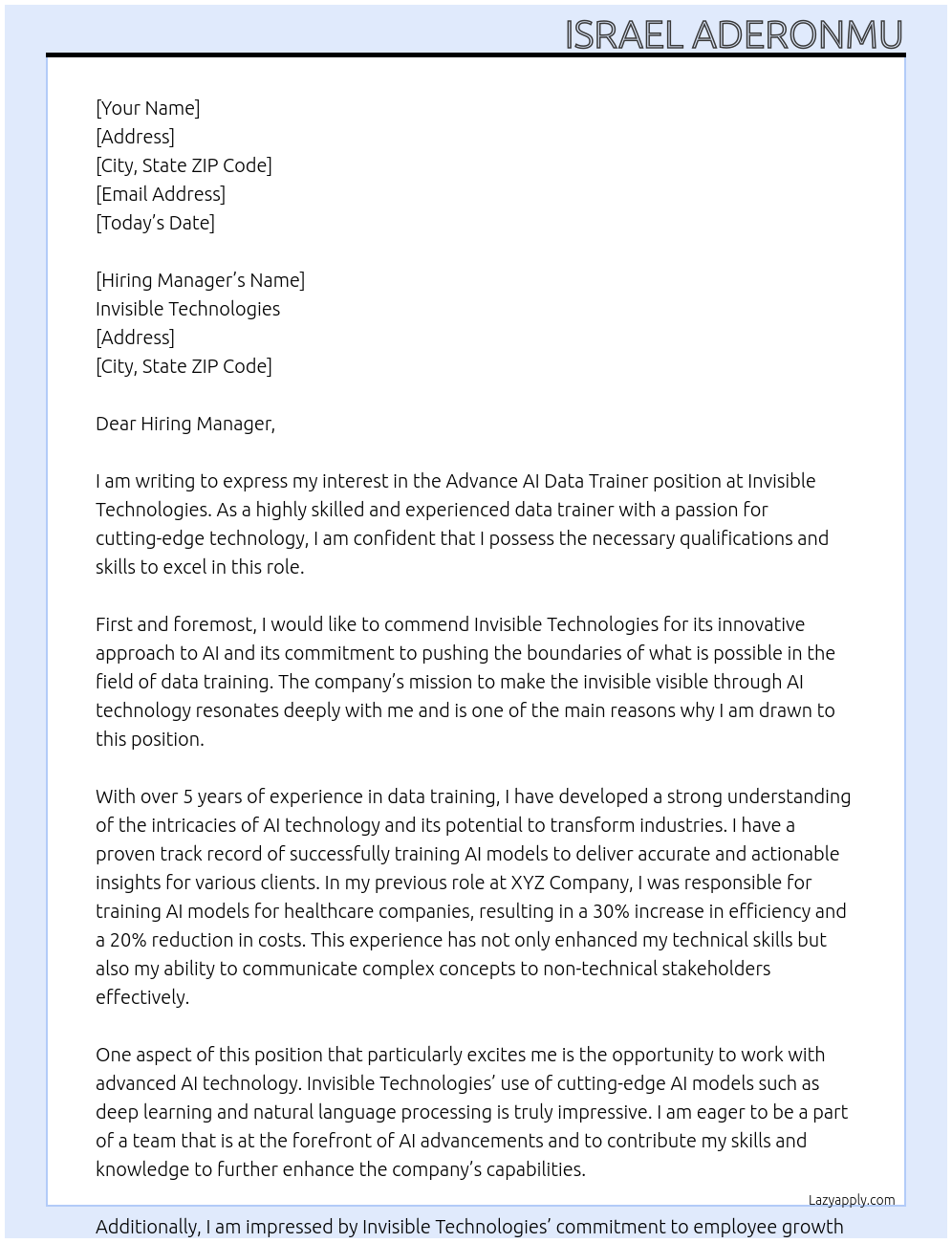 Advance AI Data Trainer At Invisible Technologies Cover Letter
