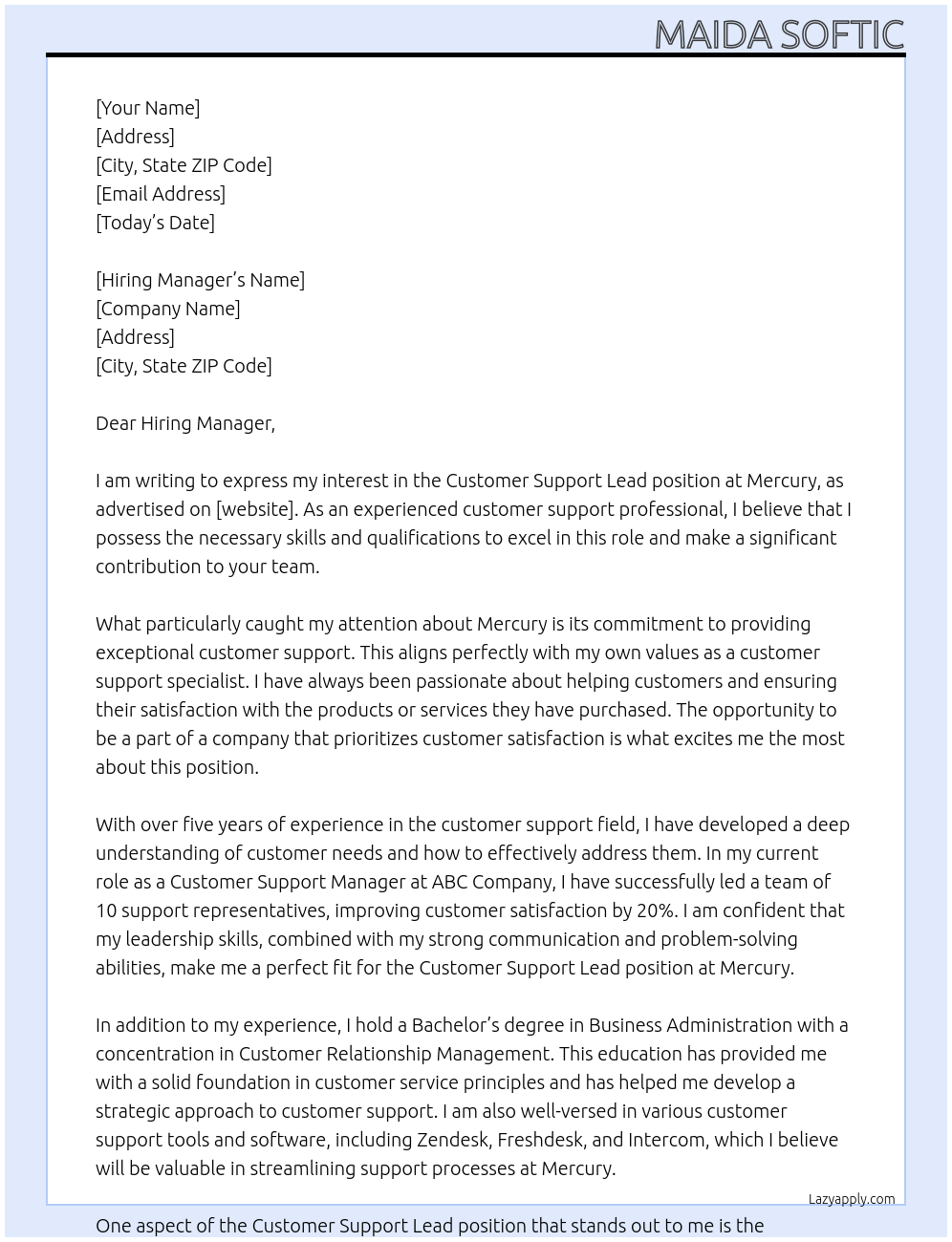 Customer Support Lead At Mercury Cover Letter