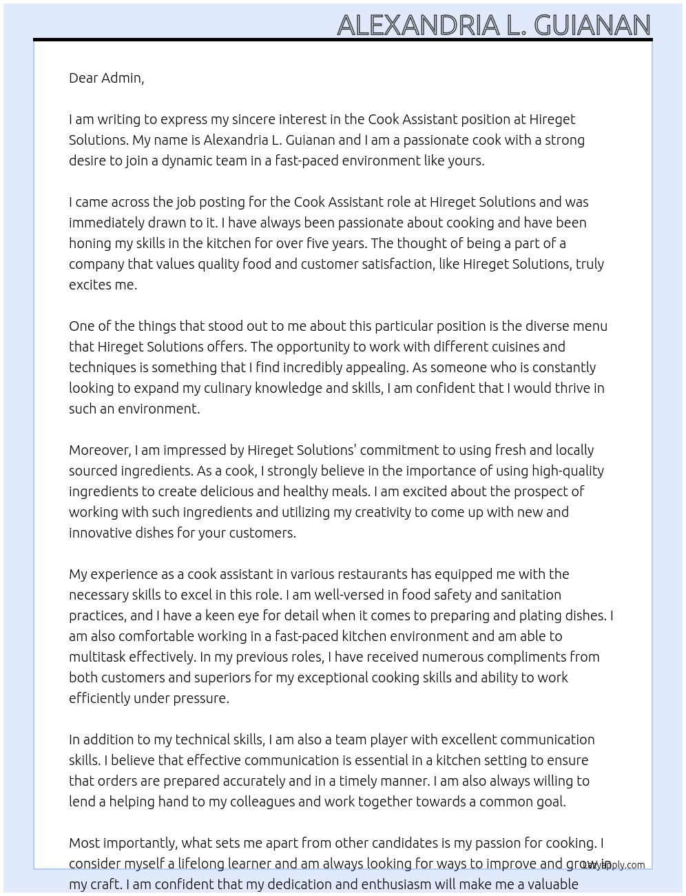 Cook Assistant At Hireget Solutions Cover Letter
