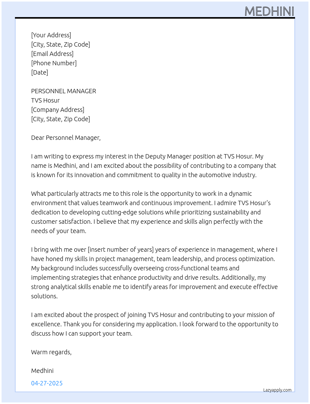 Cover letter for deputy manager - LazyApply