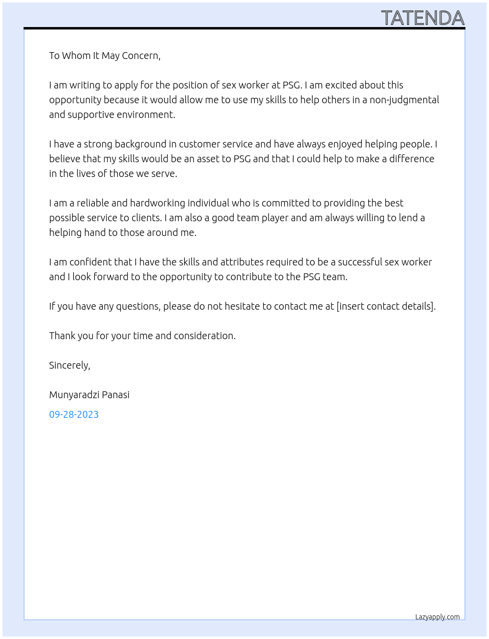 SEX WORKER At PSG Cover Letter