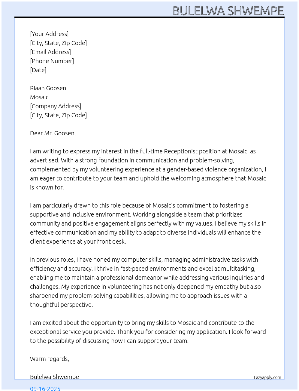 Receptionist At Mosaic Cover Letter