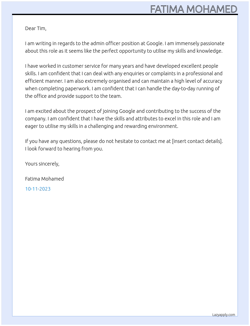 admin officer At google Cover Letter