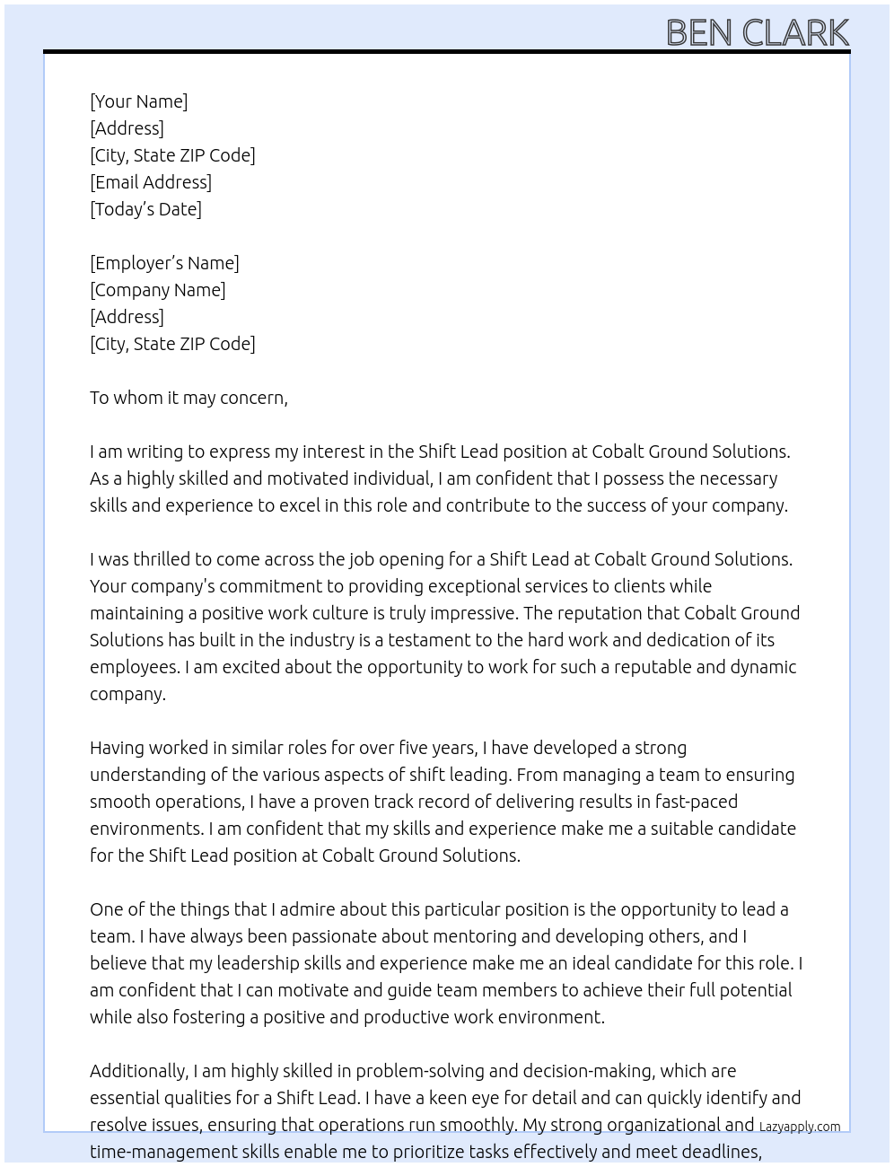 Shift lead At Cobalt Ground solutions Cover Letter