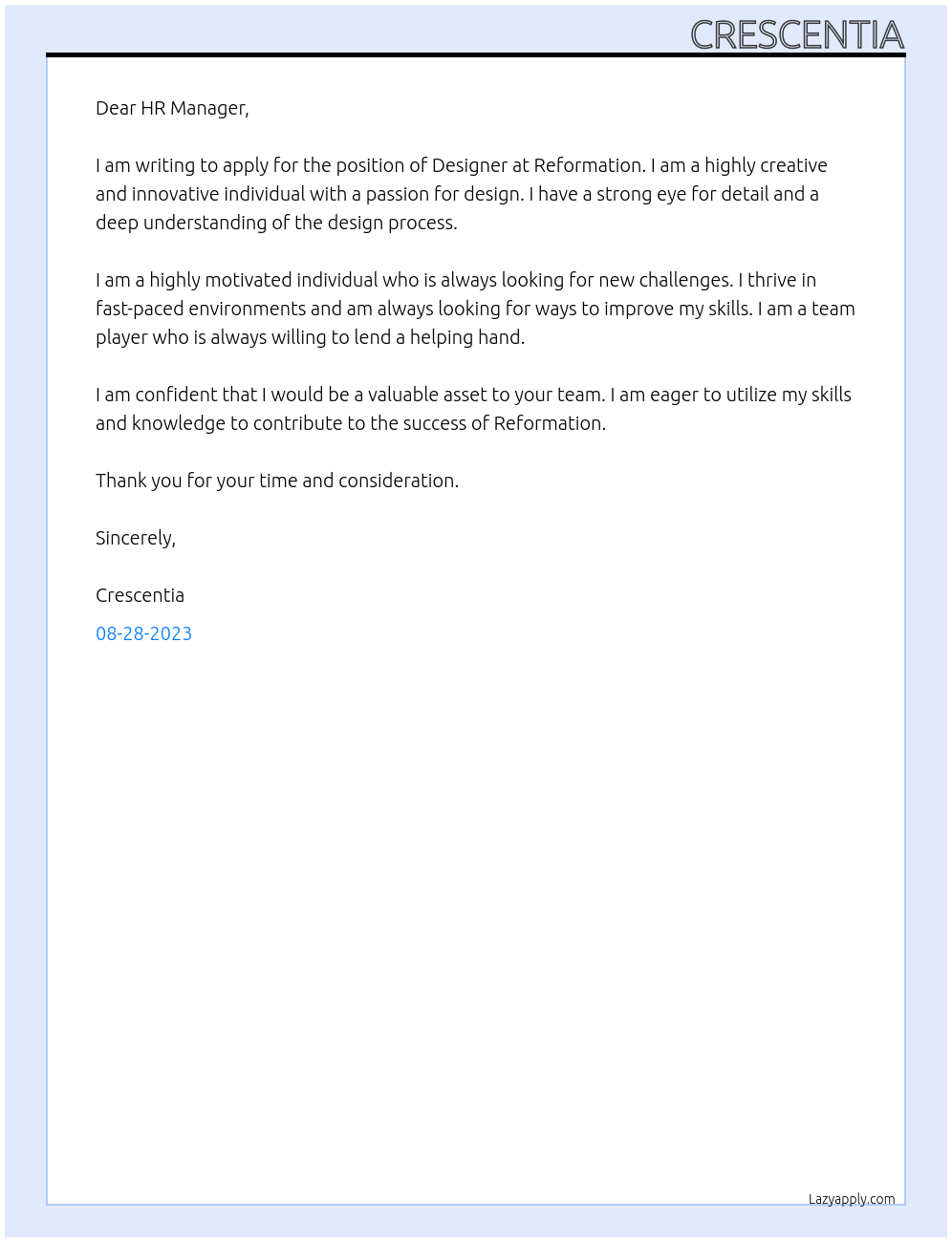 Designer At Reformation Cover Letter