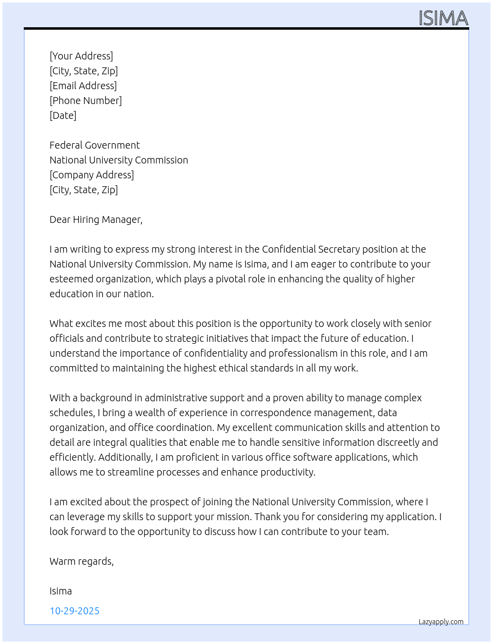 Confidential Secretary  At National university commission  Cover Letter