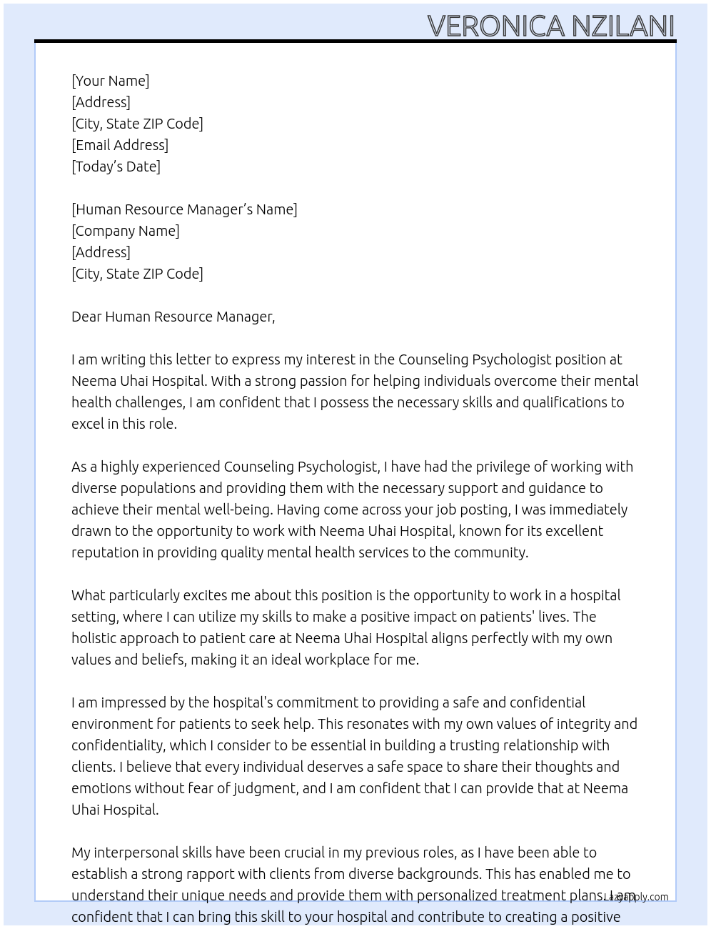 COUNSELING PSYCHOLOGIST At NEEMA UHAI HOSPITAL Cover Letter