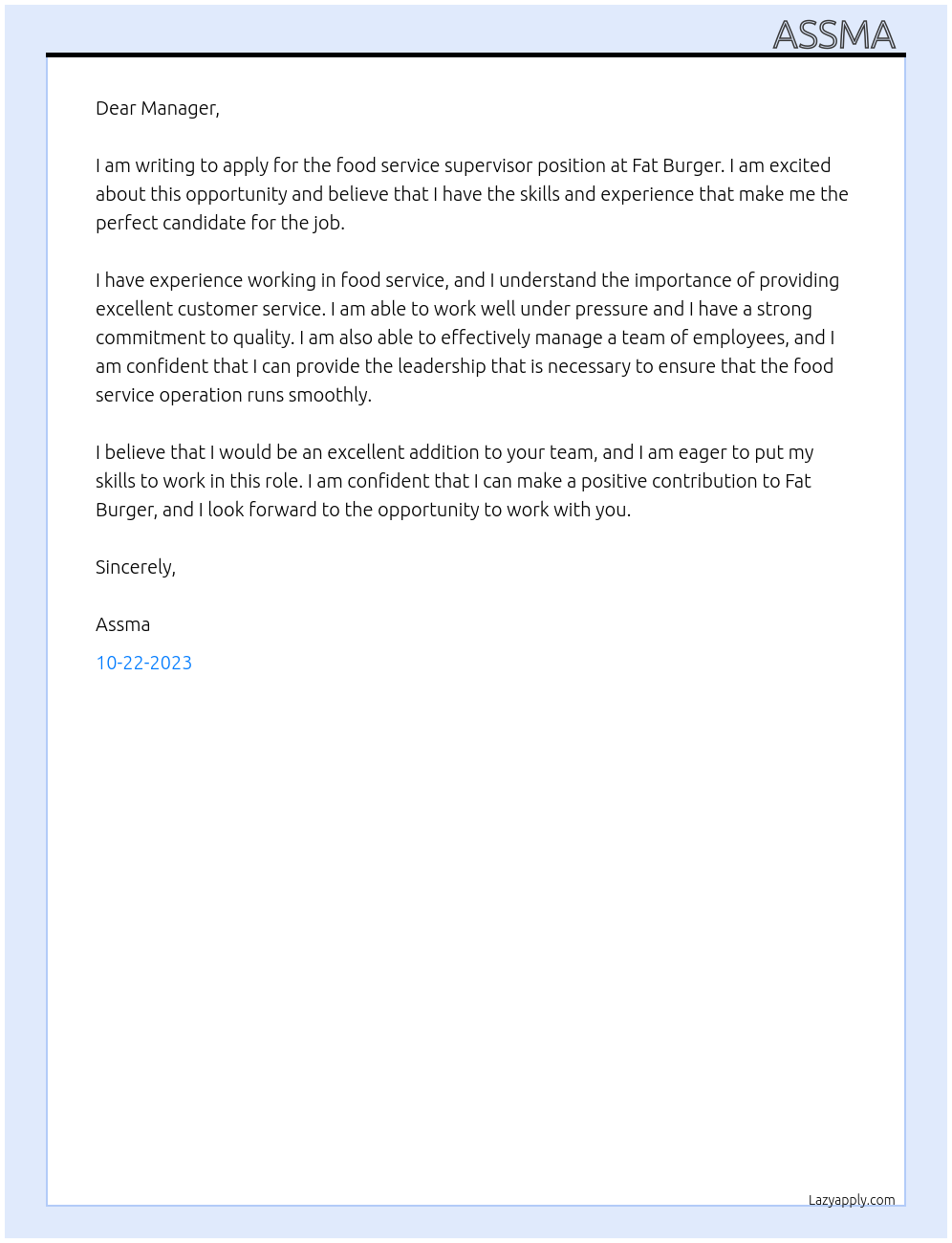 Food service supervisor At Fat burger Cover Letter