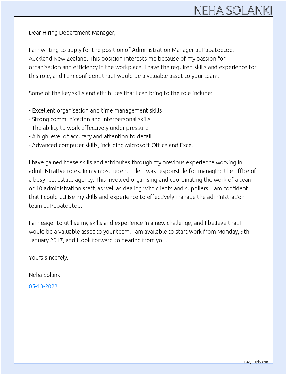 ADMINISTRATION MANAGER At PAPATOETOE,AUKLAND NEW ZALAND Cover Letter