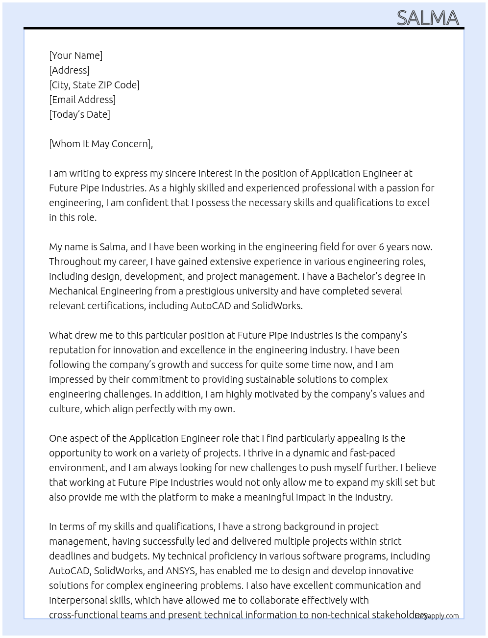 Application Engineer At Future Pipe Industries Cover Letter