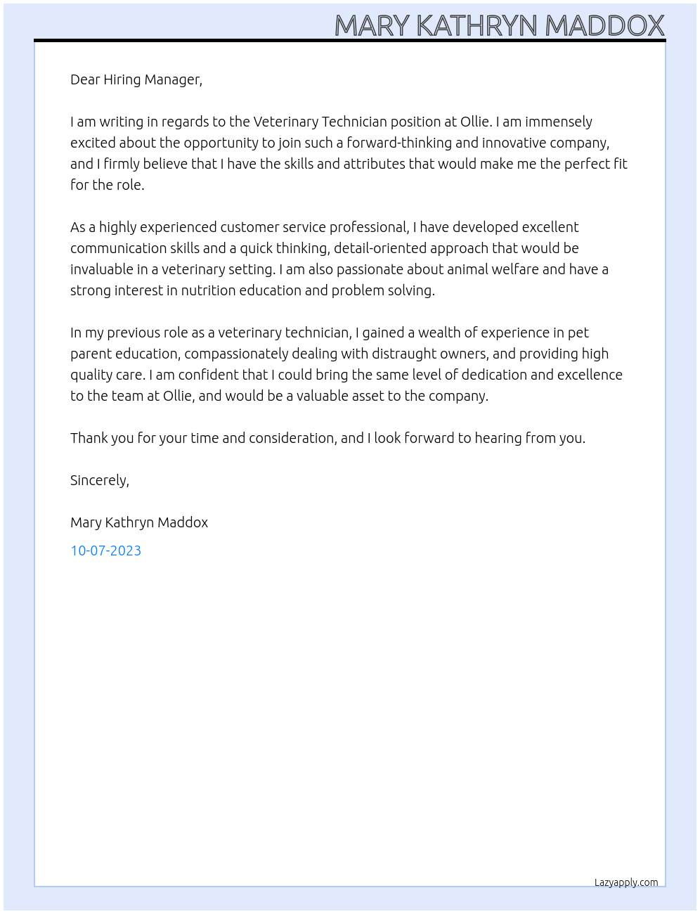 Veterinary Technician  At Ollie Cover Letter