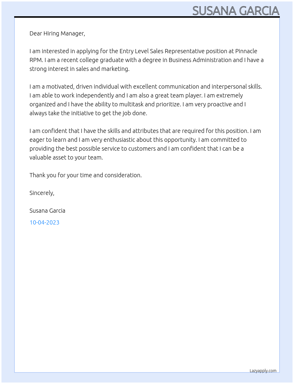 Entry Level Sales Representative At Pinnacle RPM Cover Letter