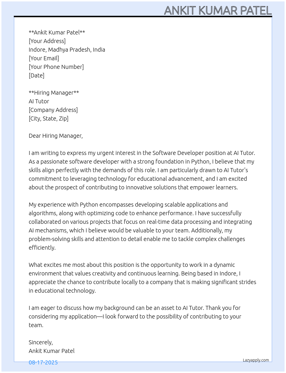 Software developer At Al tutor Cover Letter
