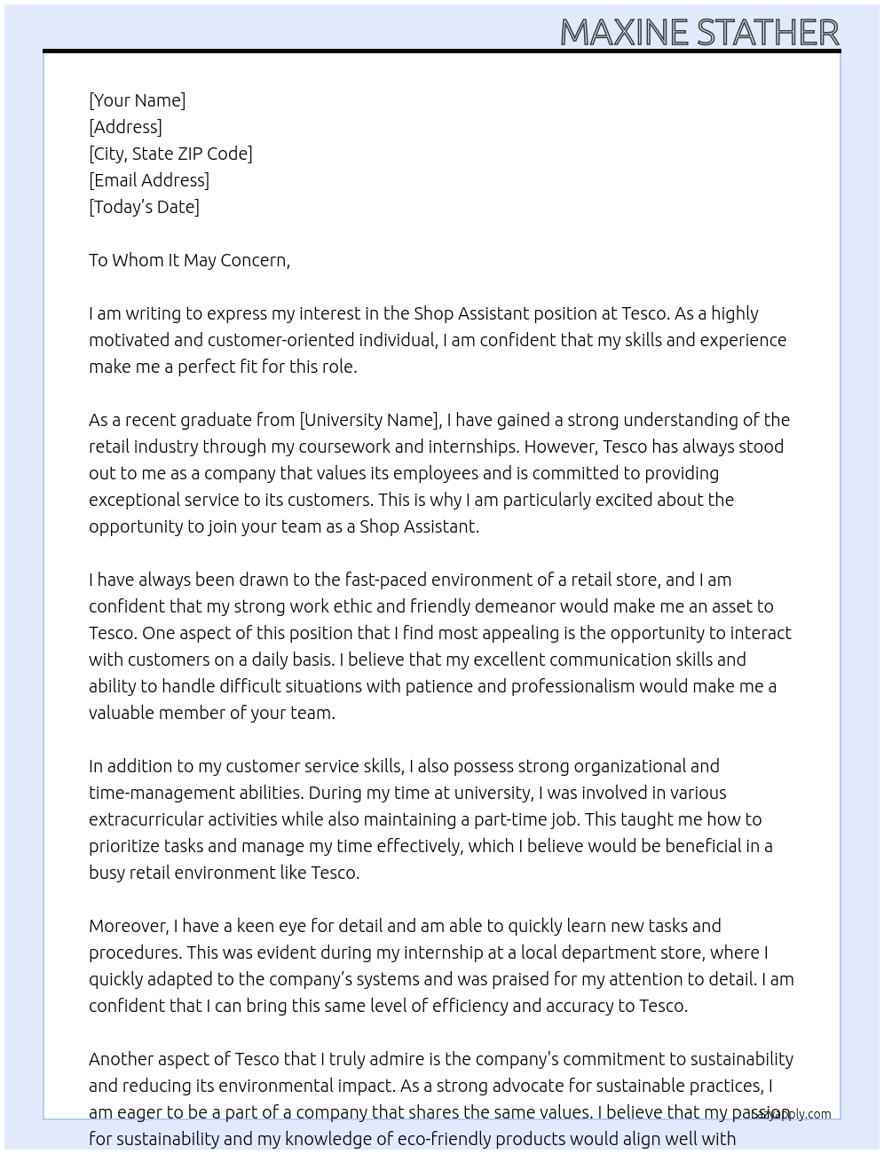 Shop assistant At Tesco Cover Letter