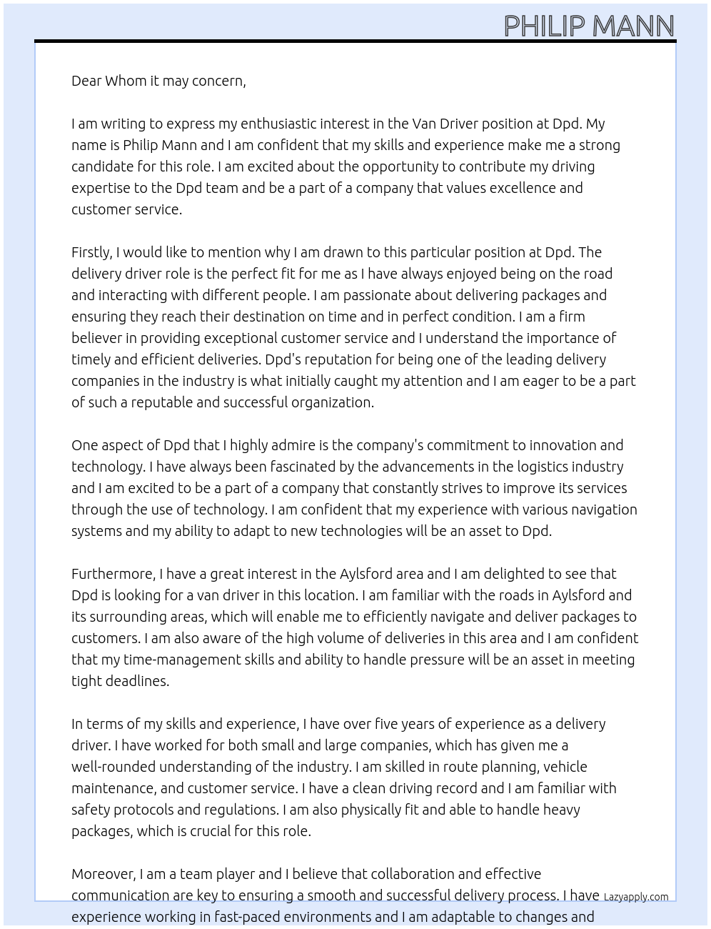 Van driver At Dpd Cover Letter
