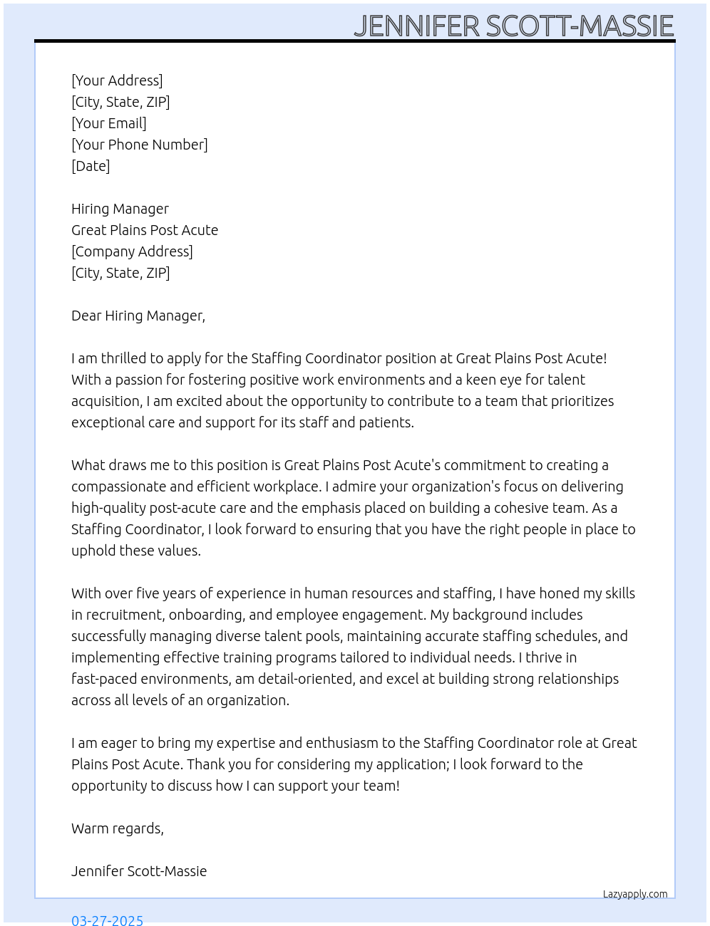 Staffing Coordinator At Great Plains Post Acute Cover Letter