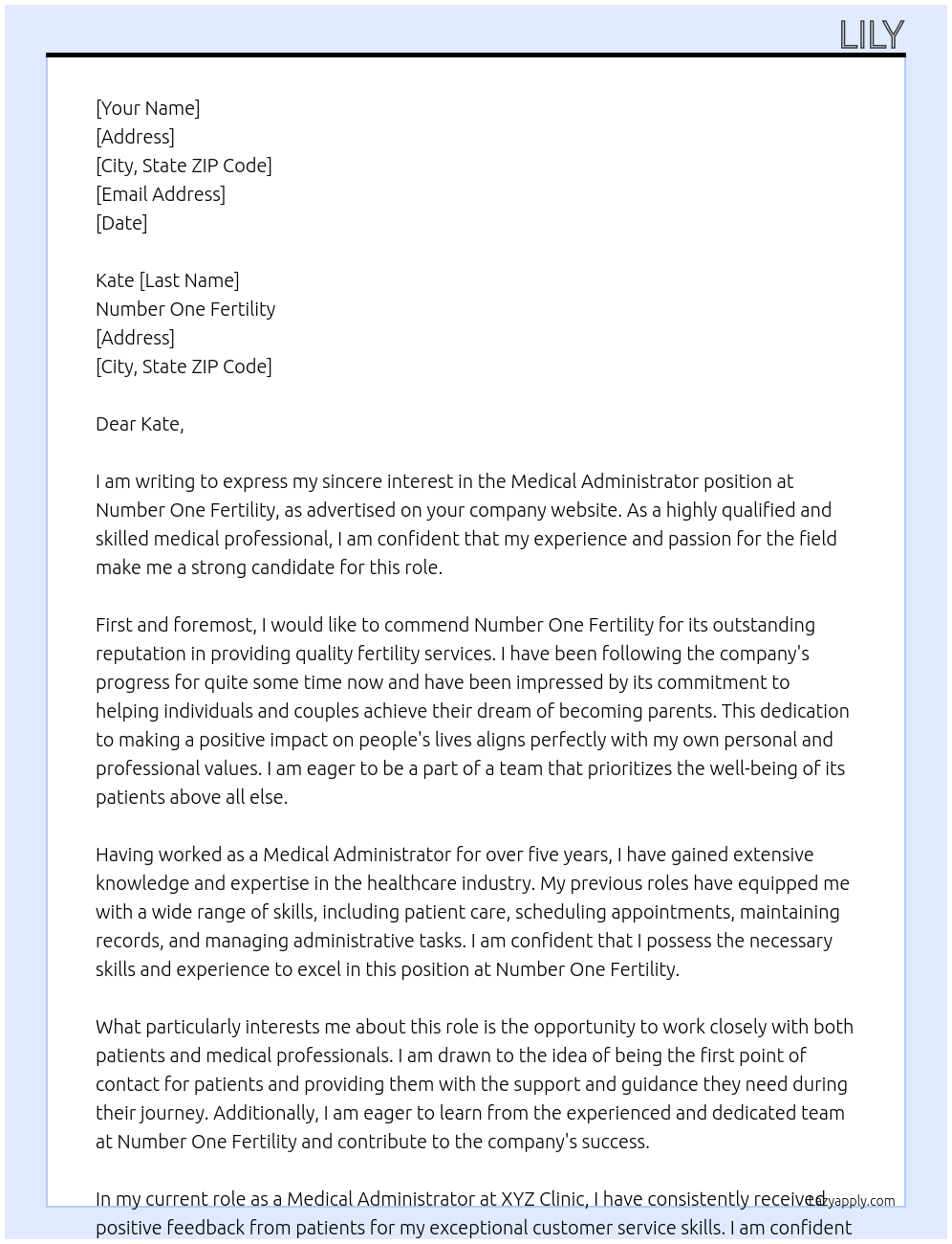 Medical administrator At Number One Fertility  Cover Letter