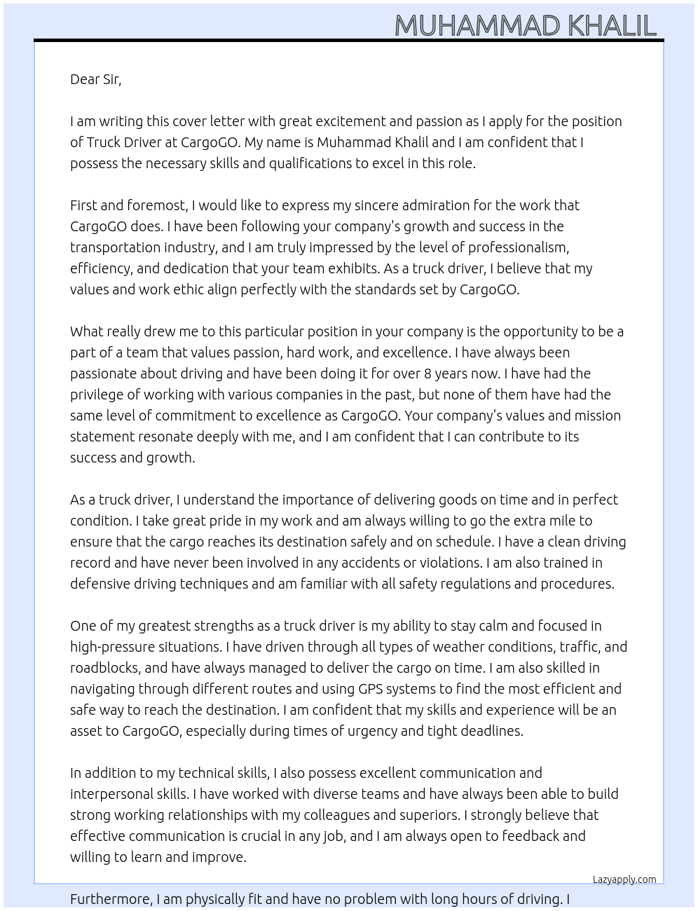 Truck driver At CargoGO Cover Letter