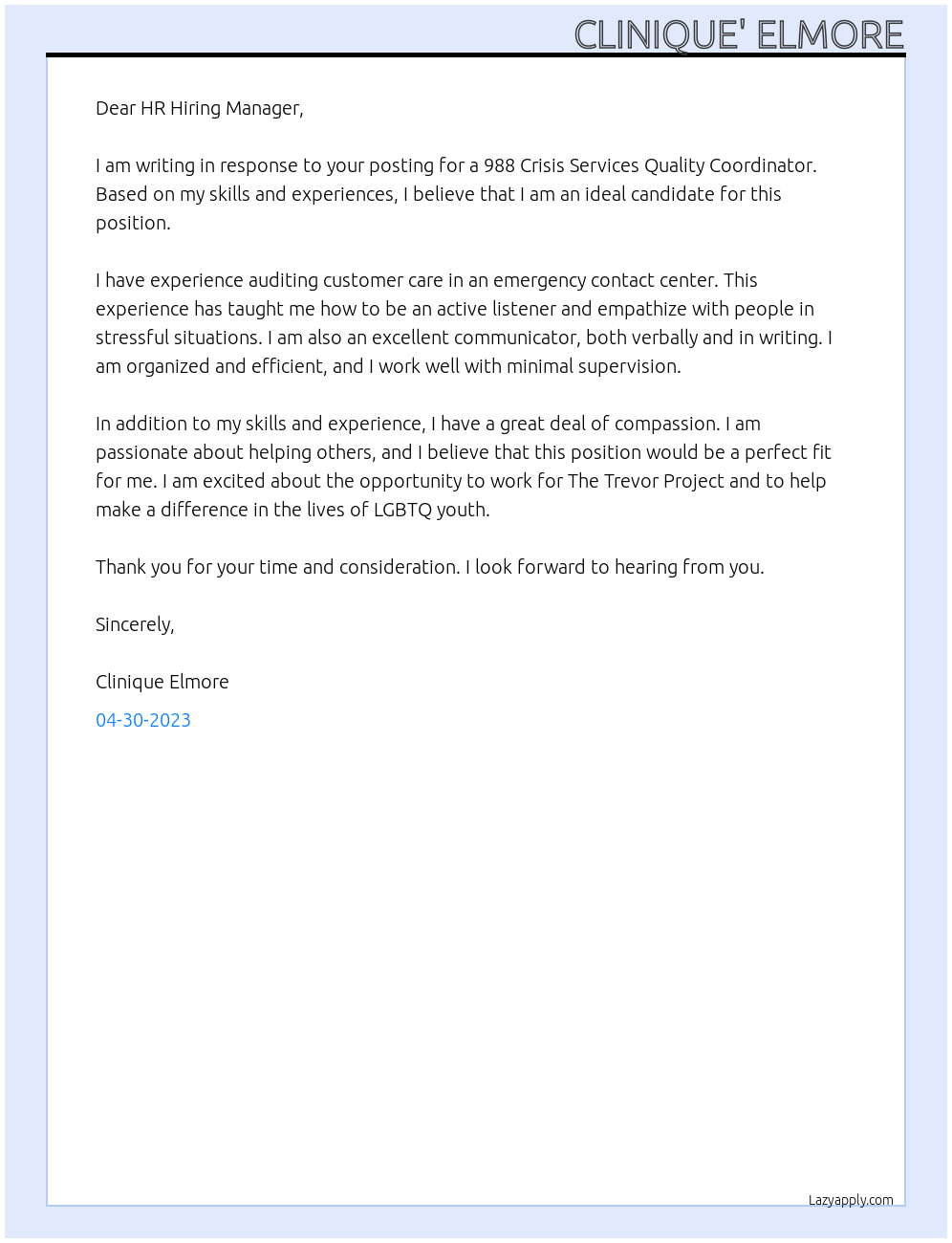 988 Crisis Services Quality Coordinator At The Trevor Project Cover Letter