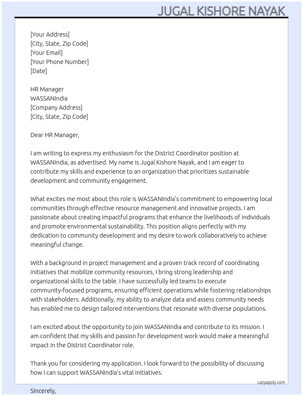 Cover letter for district coordinator - LazyApply