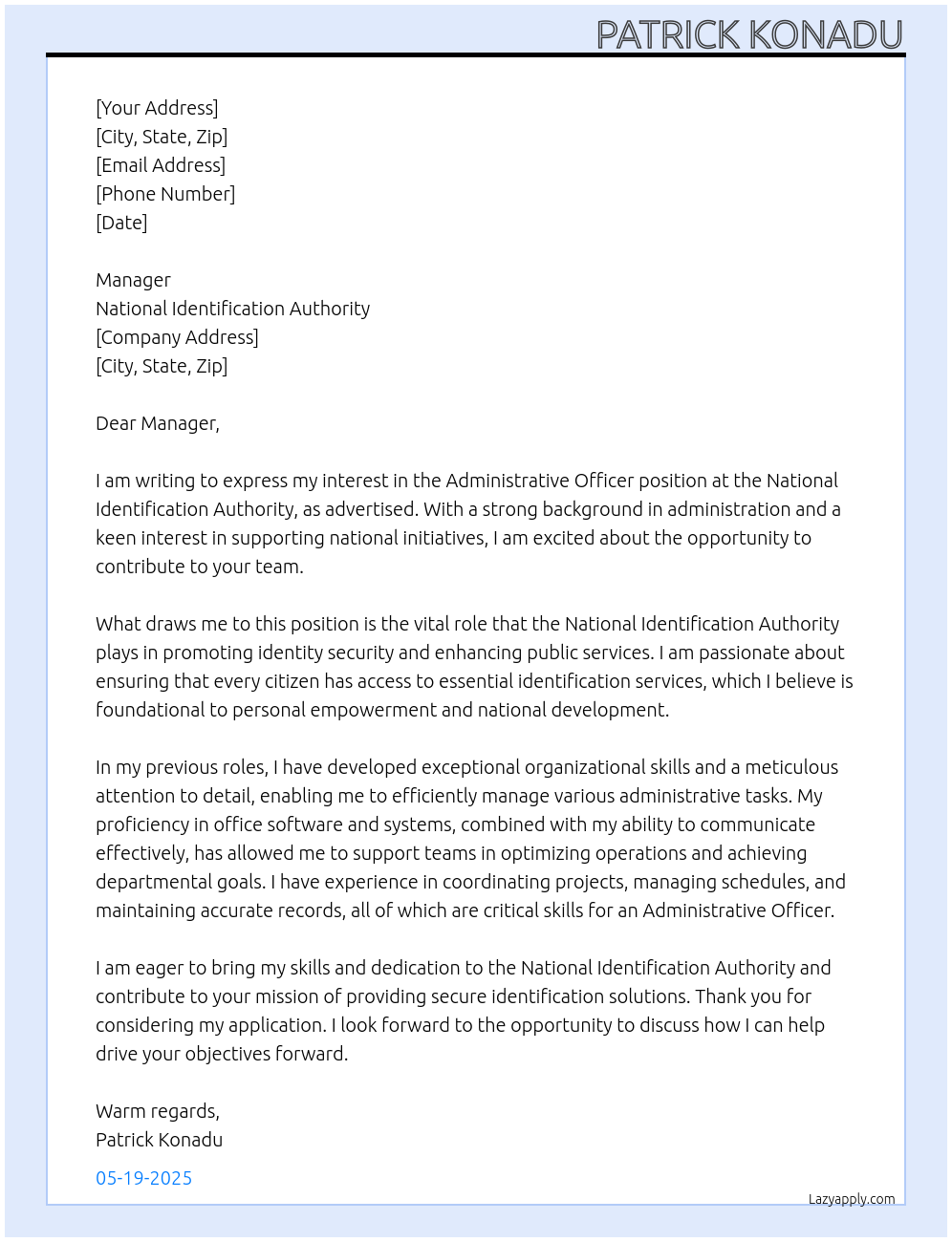 administrative officer At National Identification Authority Cover Letter