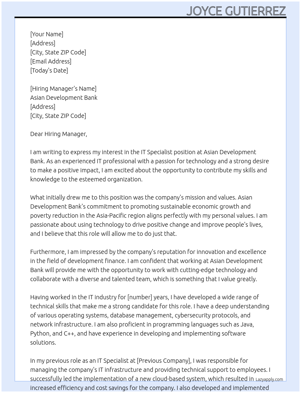 IT Specialist At Asian Development Bank Cover Letter