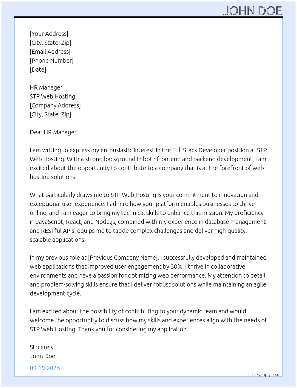 Full Stack Developer At STP Web Hosting Cover Letter