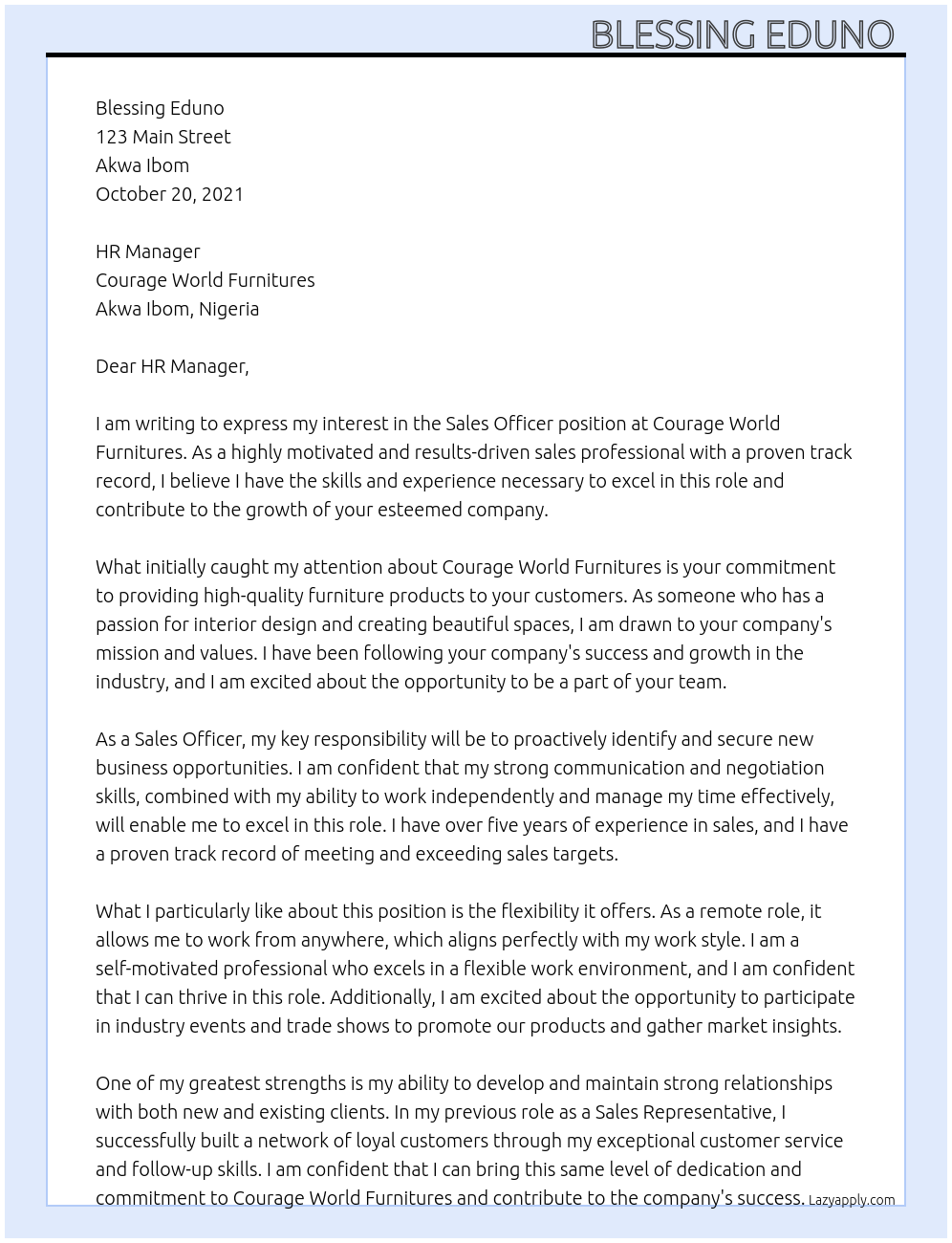 sales officer At Courage World Furnitures Cover Letter