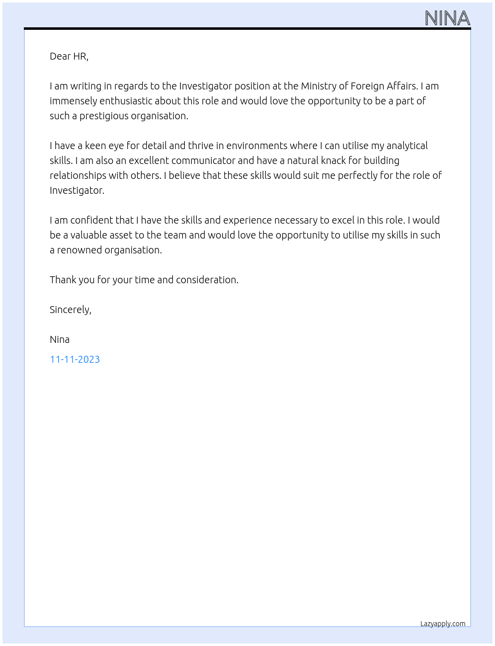 Investigator At Ministry of Foreign Affairs Cover Letter