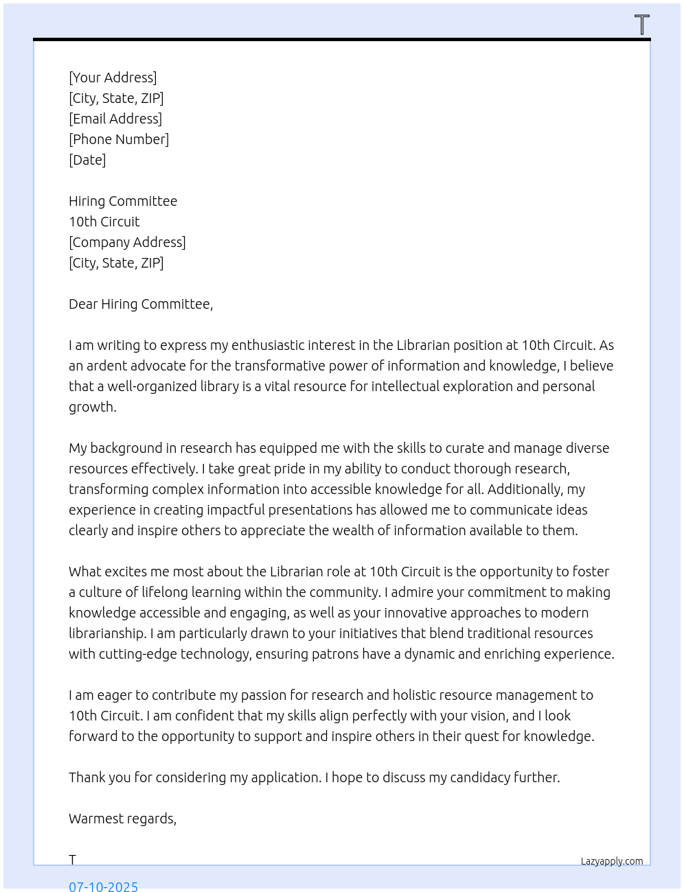 Librarian At 10th Circuit Cover Letter