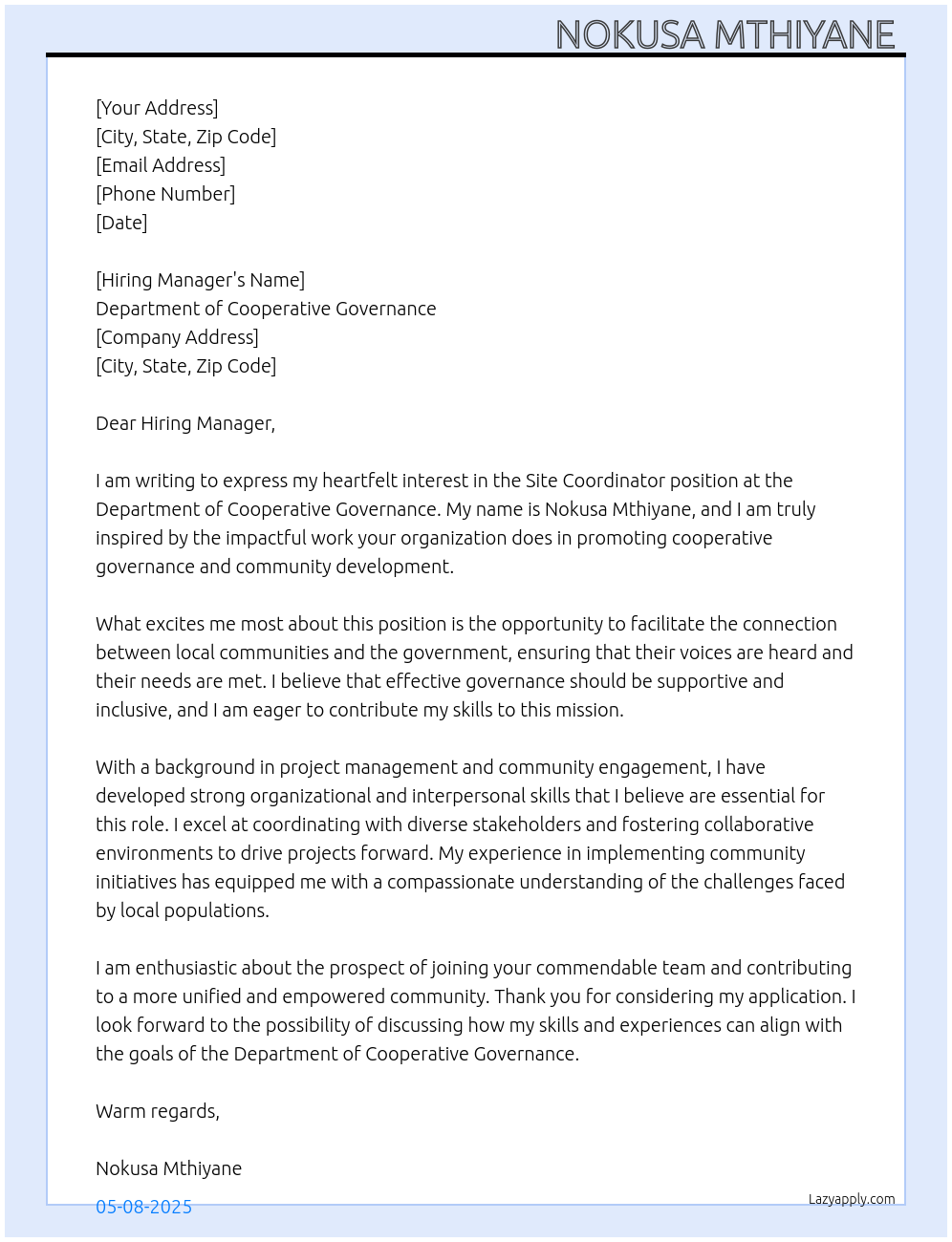 Site Coordinator At Department of Cooperative Governance Cover Letter