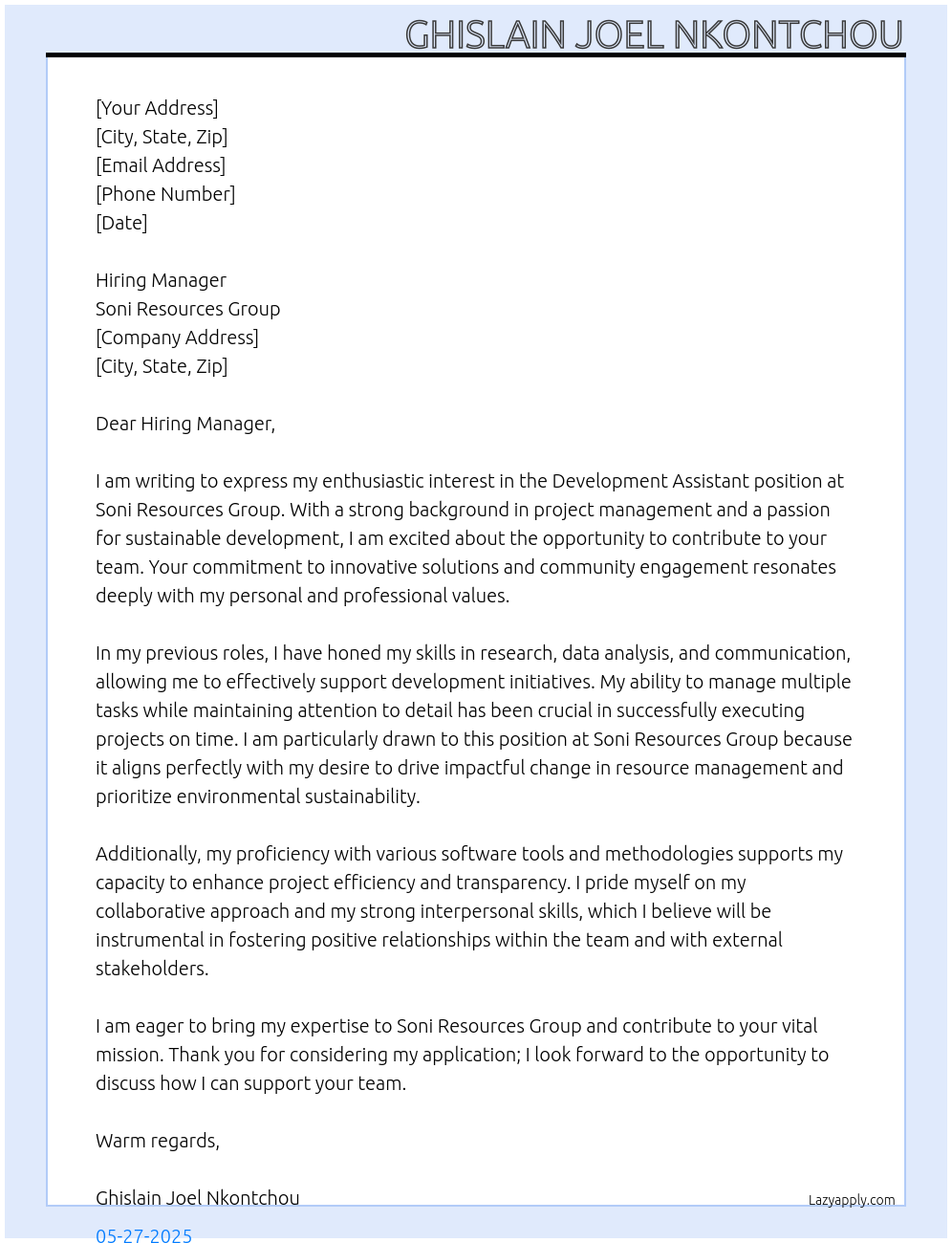Cover letter for development assistant - LazyApply