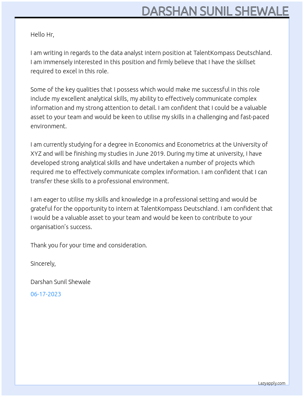 data analyst intern At TalentKompass Deutschland Cover Letter