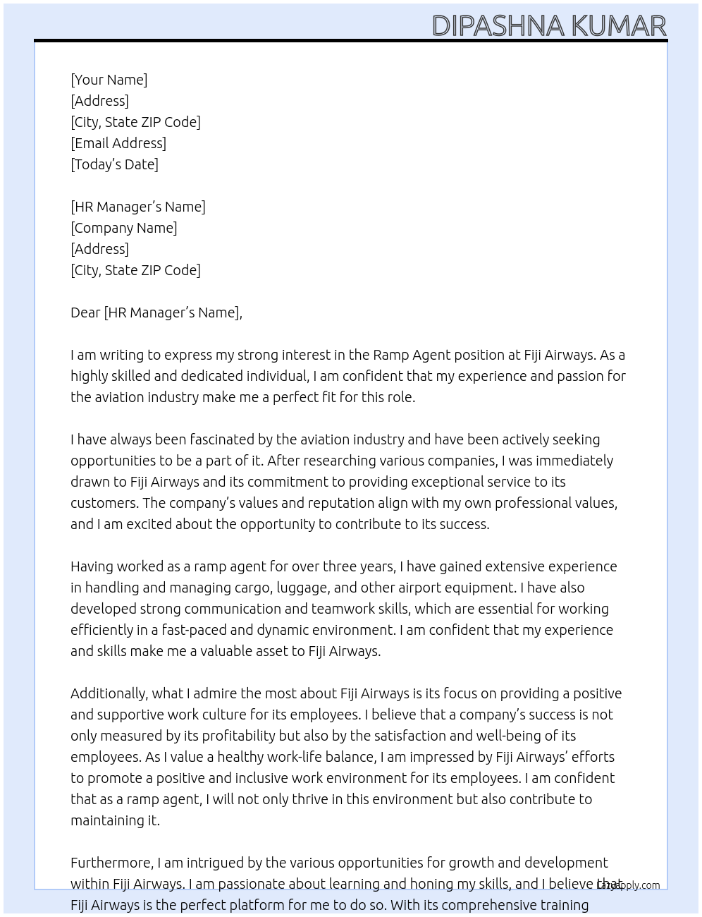 Ramp agent At Fiji airways Cover Letter