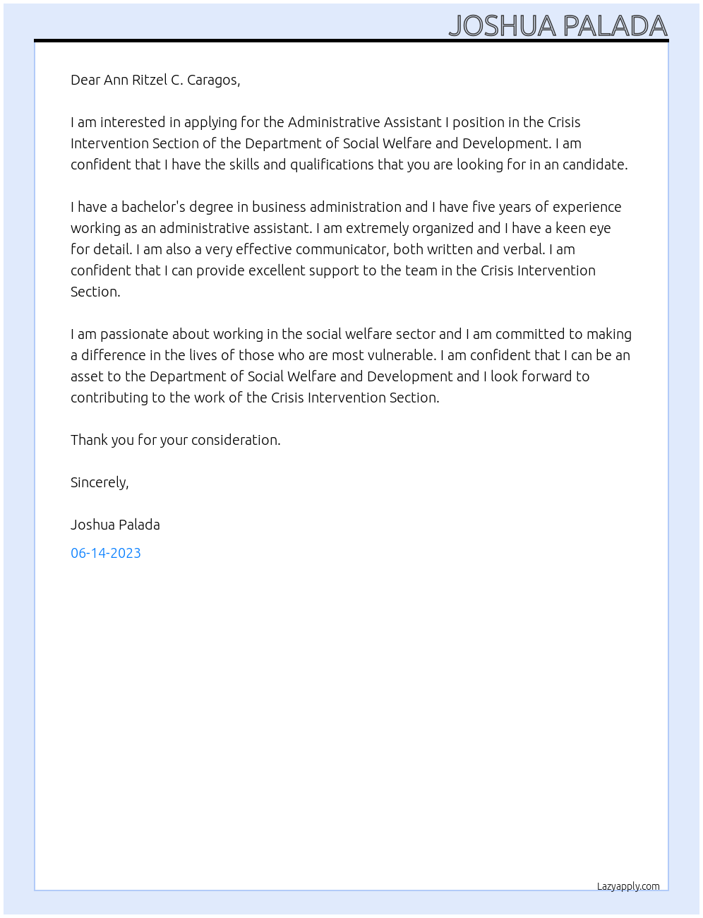 Administrative Assistant I At Department of Social Welfare and Development Cover Letter