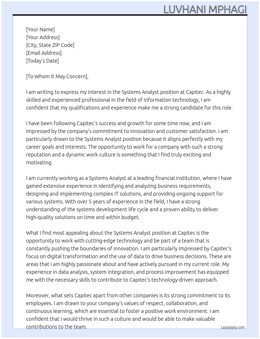 systems analyst At Capitec Cover Letter