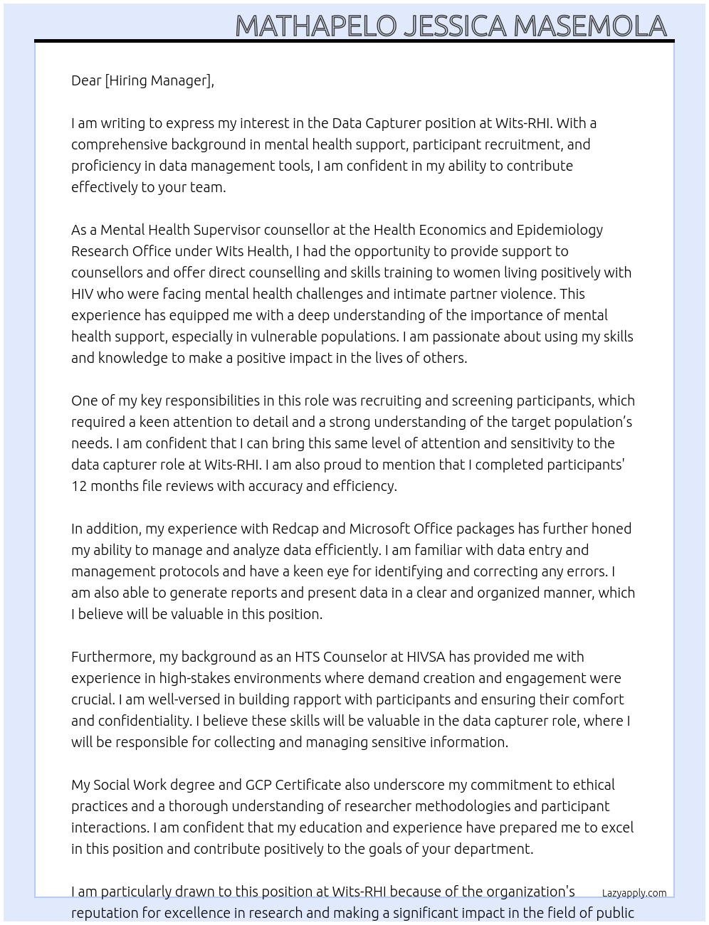 Data Capturer At Wits-RHI Cover Letter